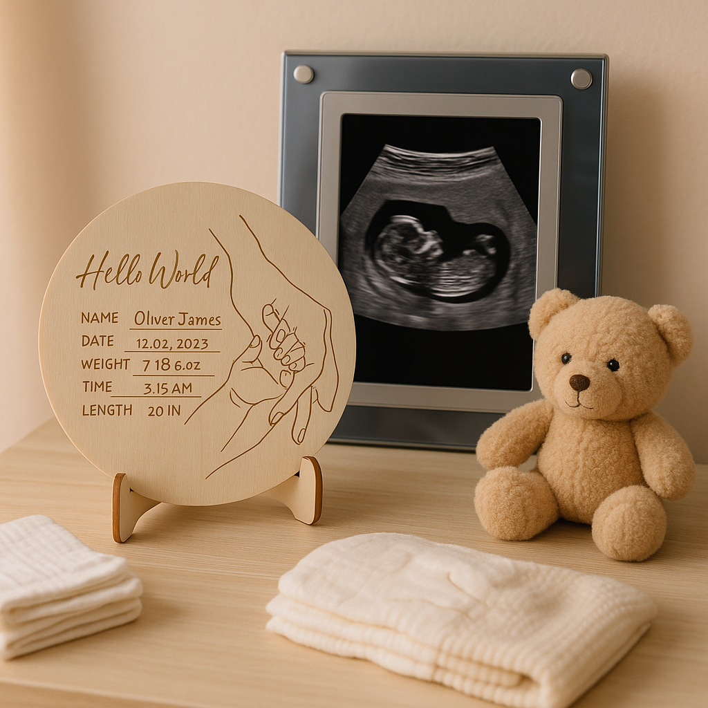 Hello World” Birth Announcement Plaque + Stand