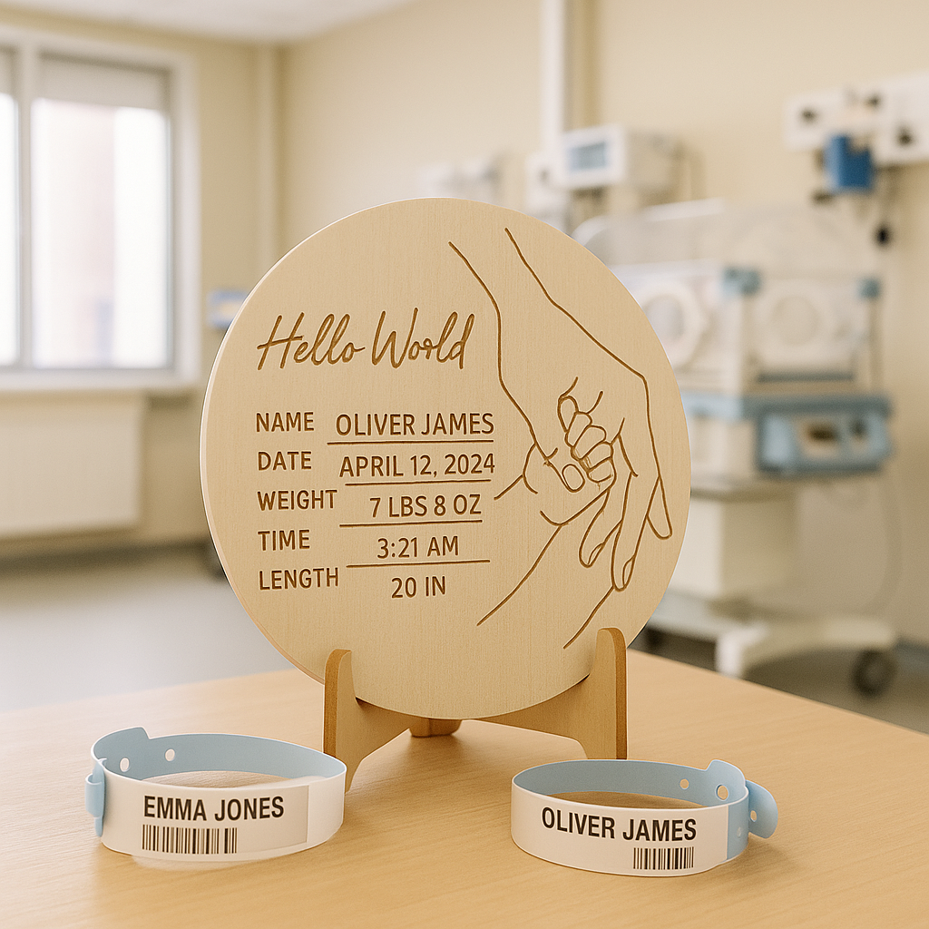 Hello World” Birth Announcement Plaque + Stand