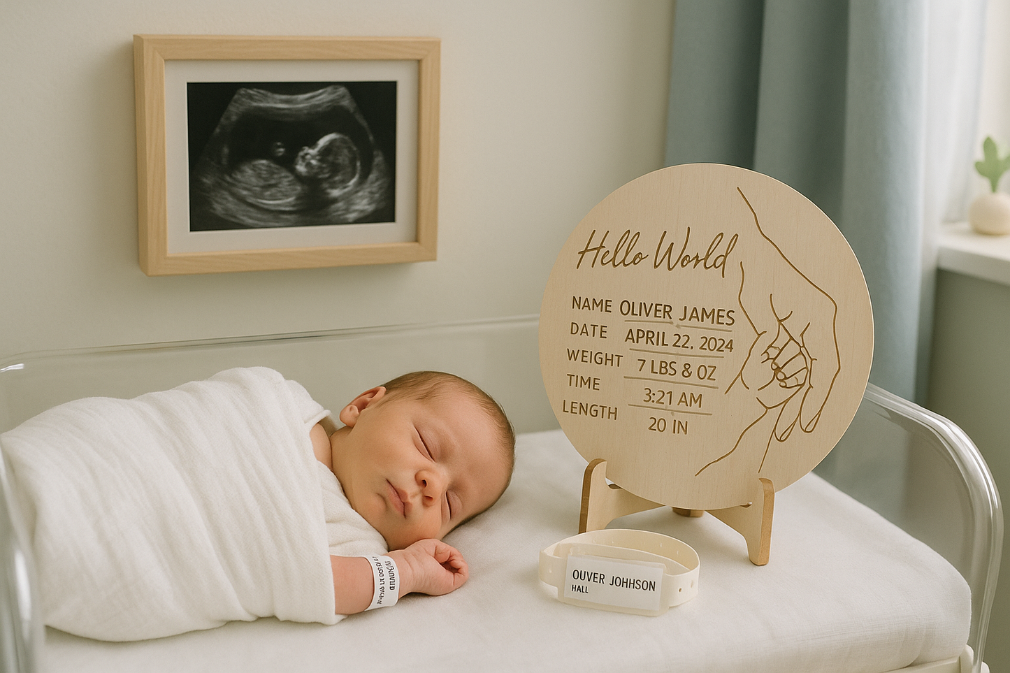 Hello World” Birth Announcement Plaque + Stand