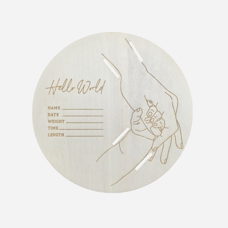 Hello World” Birth Announcement Plaque + Stand