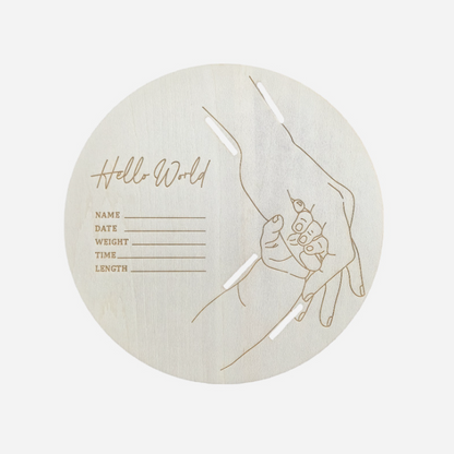 Hello World” Birth Announcement Plaque + Stand